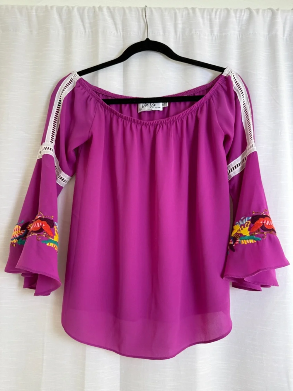 Vava by Joy Han Embroidered Off Shoulder Blouse Pink Boho Peasant Top | Size XS - Picture 4 of 10